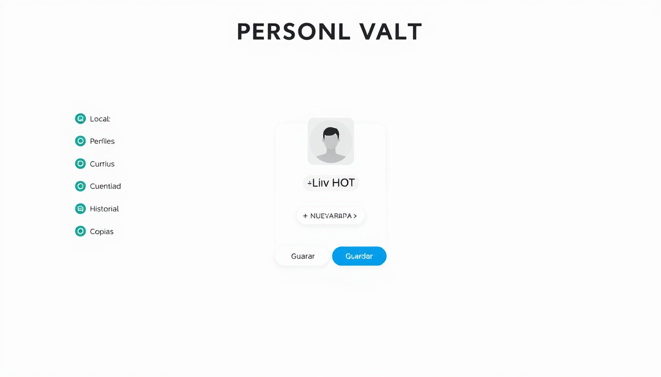 Main art studio: # PROMPT VISUAL ULTRACORTO Mockup 16:9 de una aplicación privada llamada "PERSONAL VAULT". Diseño moderno, limpio y profesional. Barra superior: "LOCA