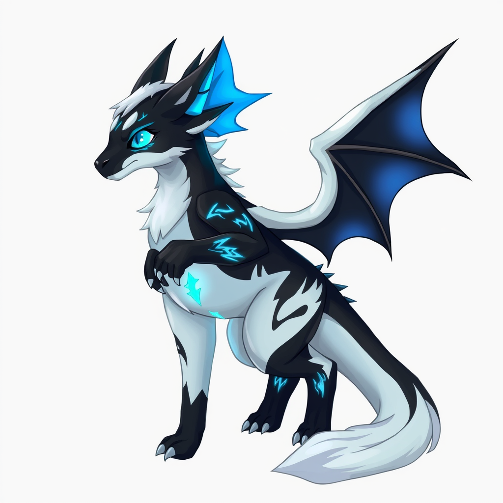 AI Art prompt example created from the prompt: Fursona anthropomorphe mi-loup mi-dragon, avec une apparence mystérieuse et protectrice. Fourrure noire et blanche, avec des écailles noires