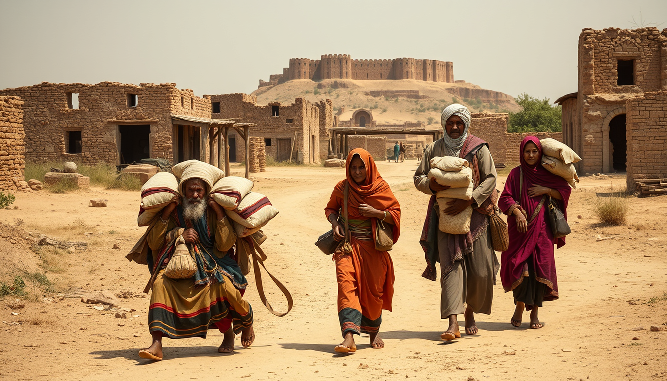 Main art studio: Historical Rajasthani families carrying cloth bundles and household belongings as they leave an old settlement, abandoned sandstone houses and a dista