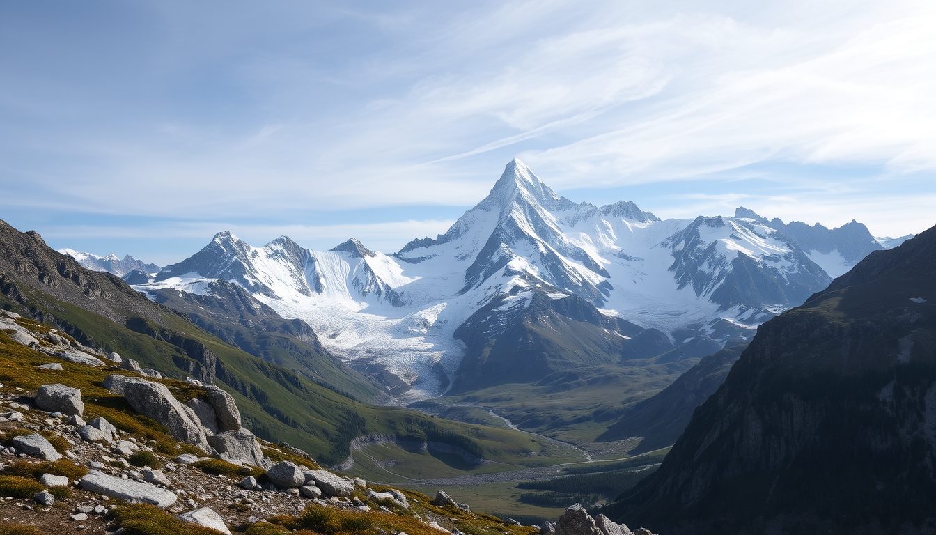 Main art studio: format paysage une montagne rocheuse avec sur quatre cotes un monde: glacier lave foret marais (toxique) irealiste (type jeux de societe ) montagne vu
