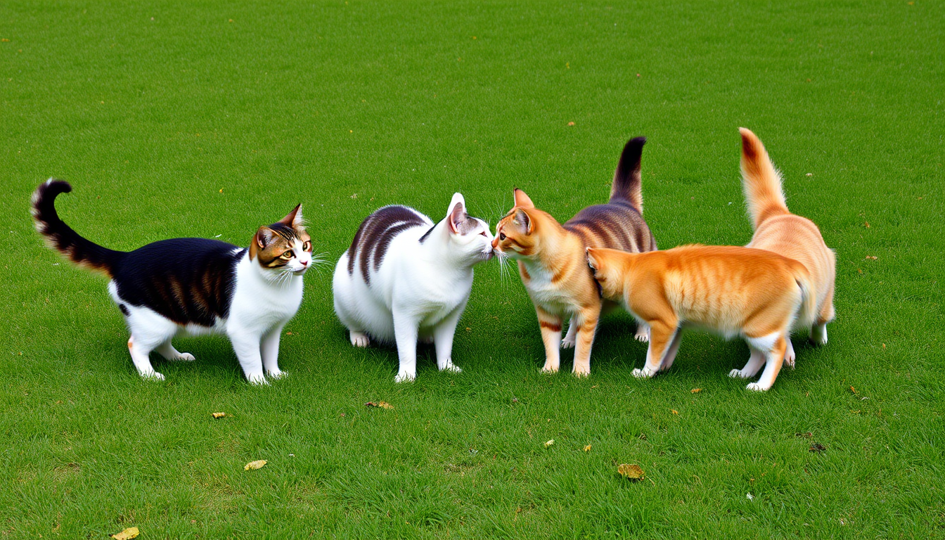 Main art studio: Five different cats on a lawn standing nose to butt in the shape of a pentagon.