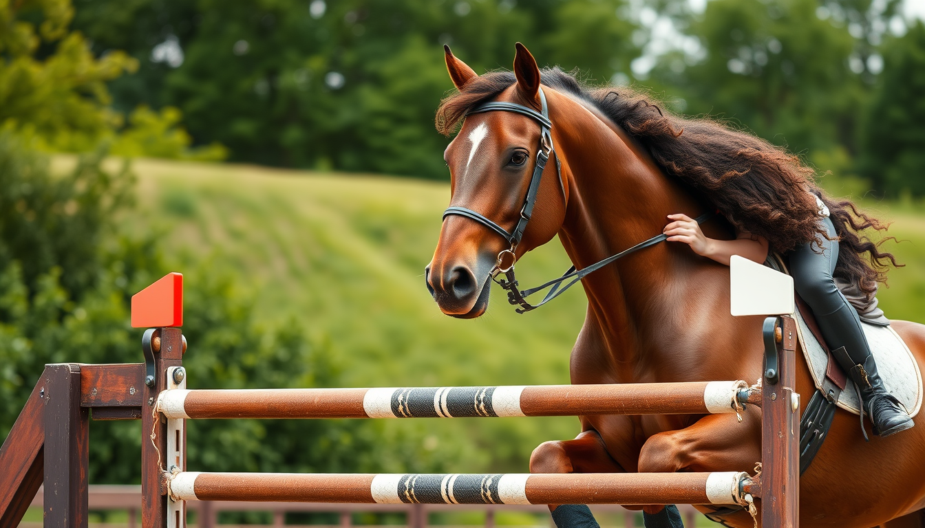 AI Art prompt example created from the prompt: A 24-year-old woman with curly brown hair jumping with horse over 1.30-meter-high bars; the horse must be tall, brown, and very beautiful. t
