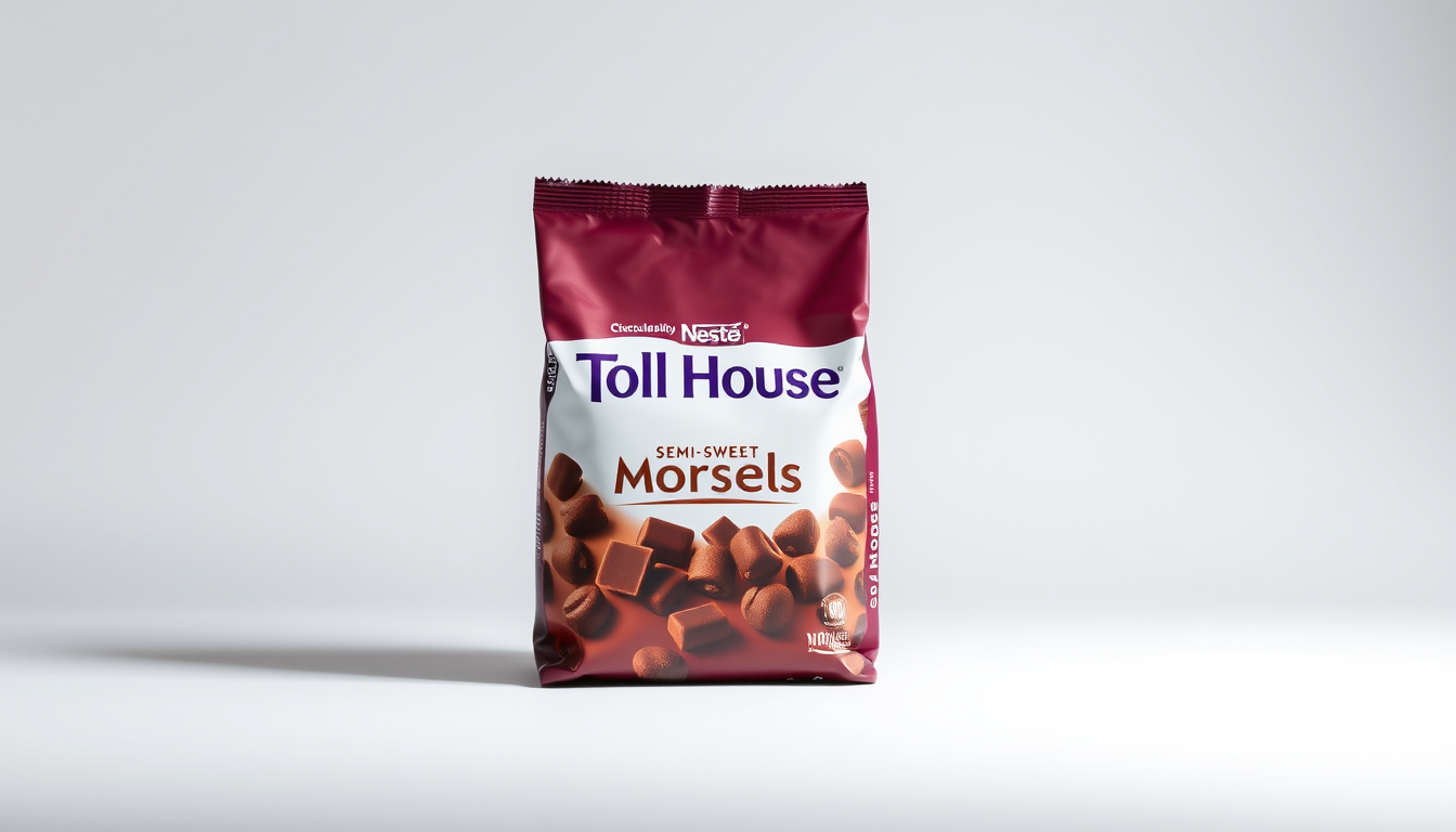 Wallpapers idea: wallpaper artwork, wide atmospheric scene or bold pattern, high detail, A realistic product photo of a Nestlé Toll House Semi-Sweet Chocolate Morsels