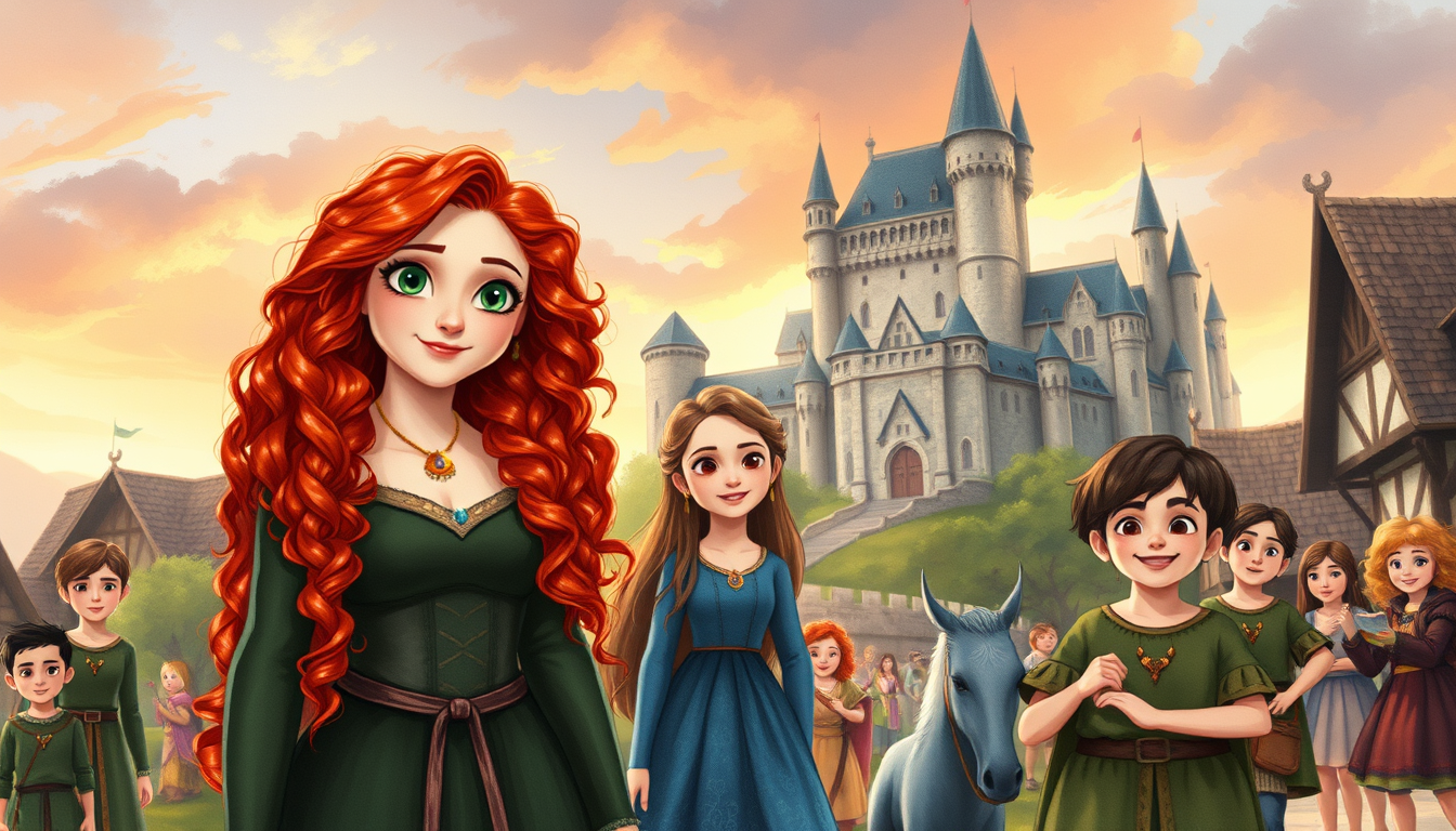 Main art studio: In the beautiful village of DunBroch, Merida stands happily beside her mother, Queen Elinor. Merida is a teenage Scottish princess with long curly red