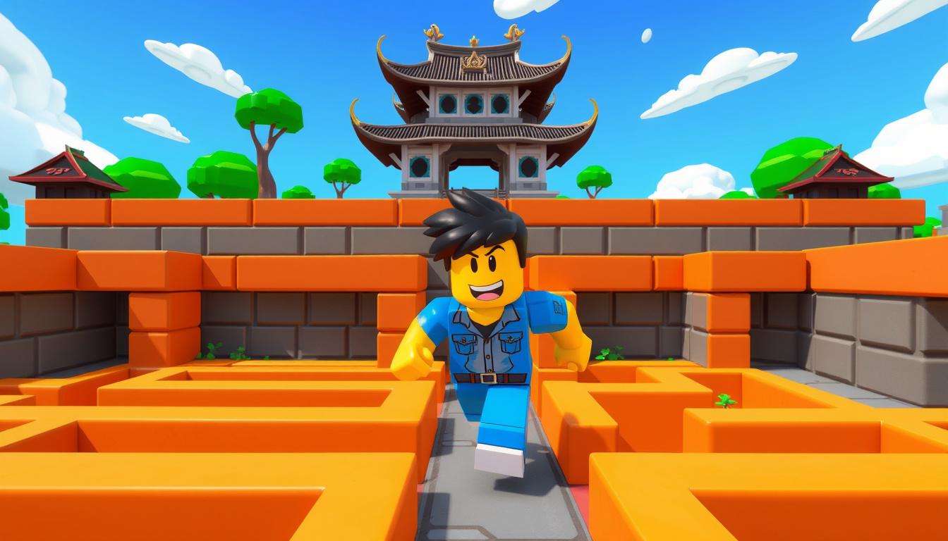 Main art studio: MAKE A ROBLOX PLAYER RUNNING THRU A MAZE ESCAPE TUNG TUNG SAHUR {DONT PUT THAT ON SCREEN} MAKE SURE IT HAS A TYCOON CARTOON 3D STYLE LIKE THE GAME ESC