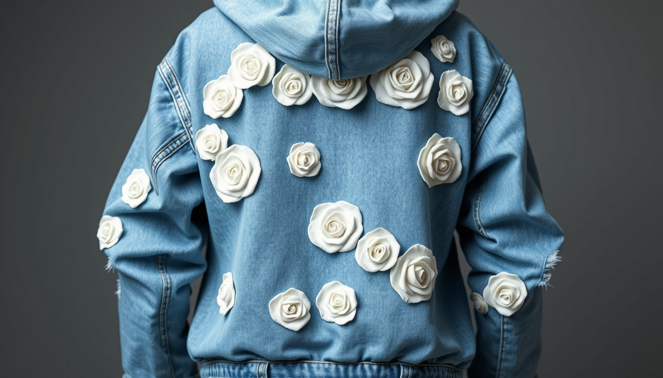 AI Art prompt example created from the prompt: Create a light blue washed denim hoodie with an oversized luxury streetwear fit and subtle ripped, frayed details. Cover the hoodie with rea