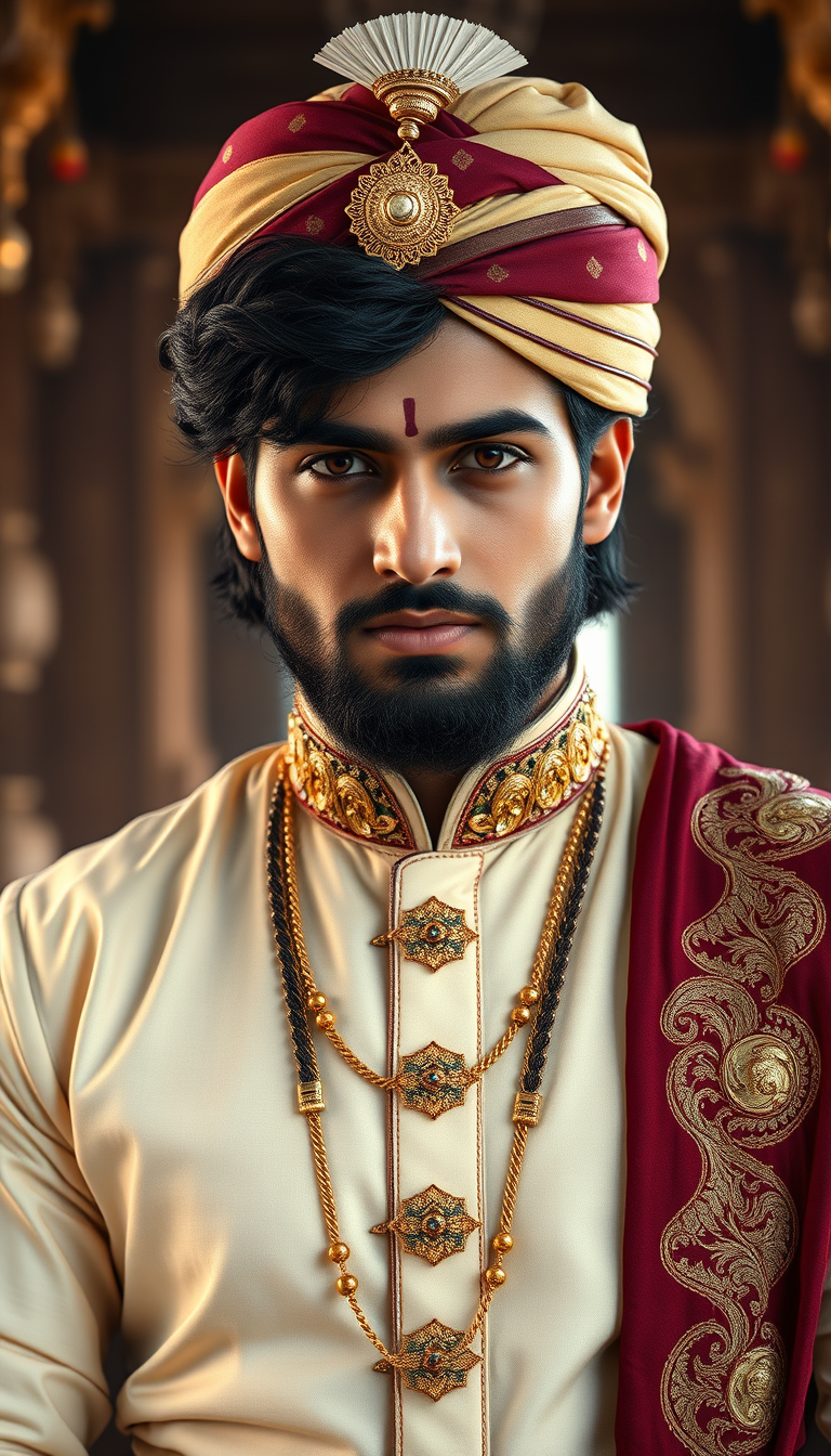 Main art studio: A 25-year-old Indian prince, shoulder-length black hair, neatly trimmed beard, sharp brown eyes, cream and maroon royal sherwani, golden embroidered b