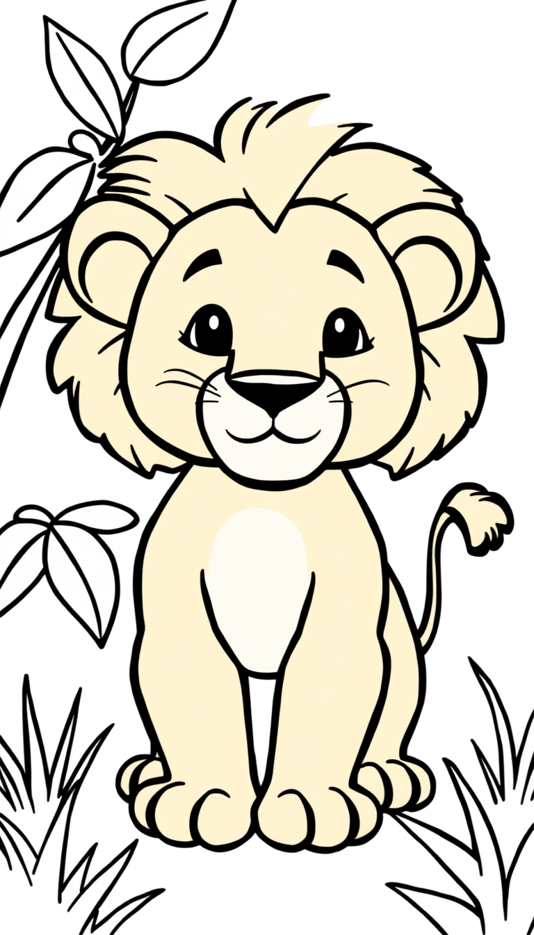 AI Art prompt example created from the prompt: Cute friendly baby lion standing in a simple jungle scene, children's coloring book illustration, bold clean black outlines, simple shapes, 