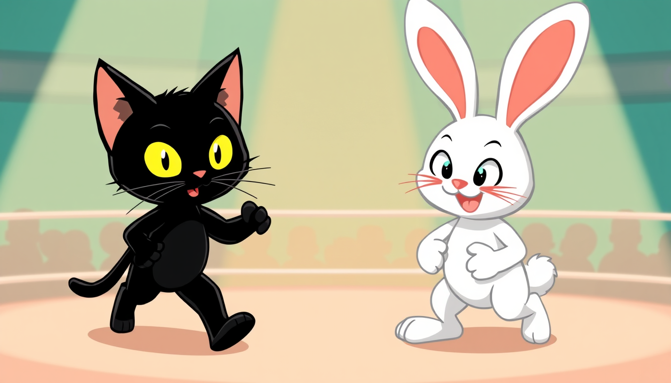 Main art studio: kids cartoon black walking cat and white bunny wear lucha musks in a wwe ring