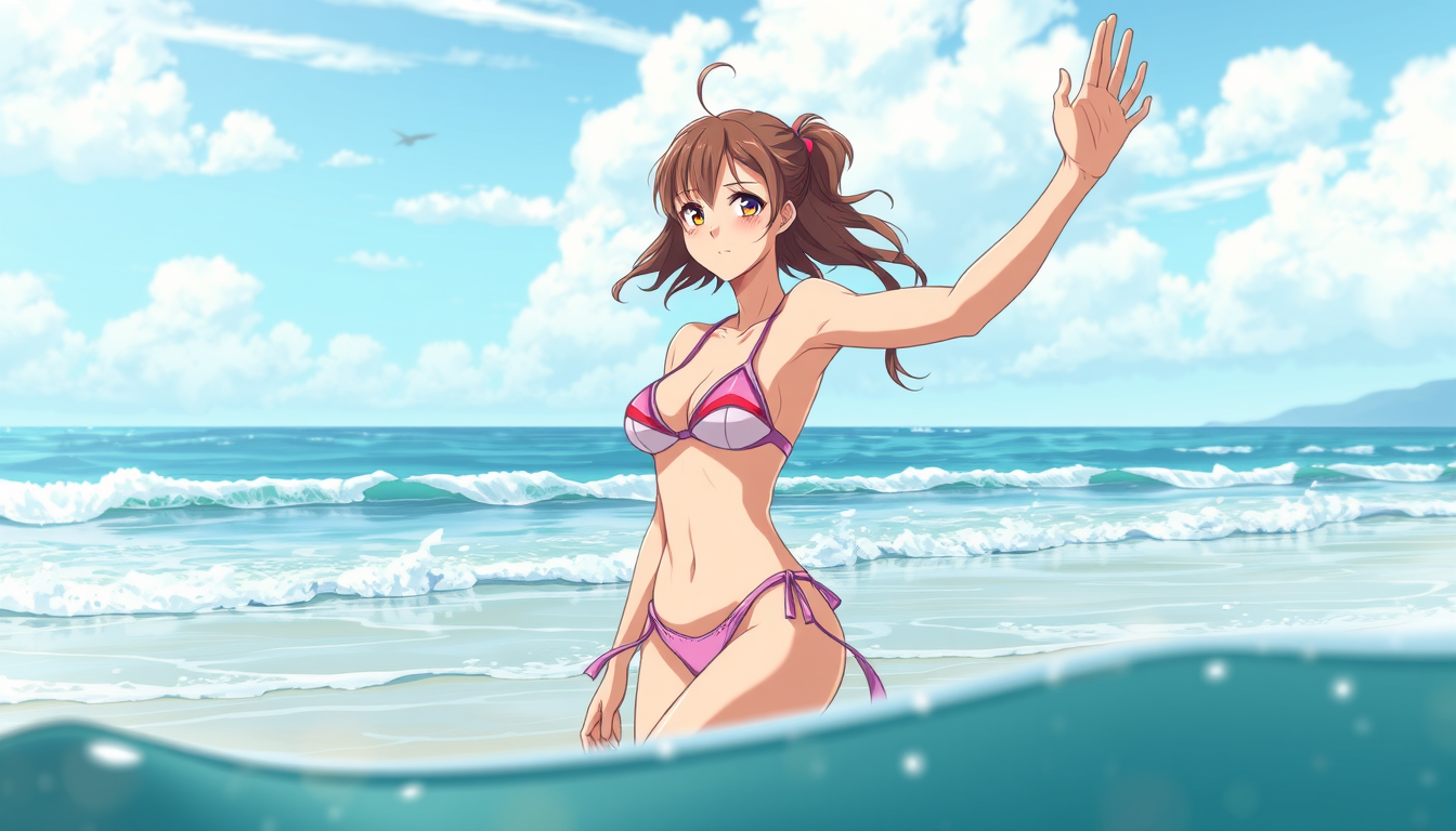 Main art studio: Eine Anime Frau in Bikini am strand und ein man umarmt sie