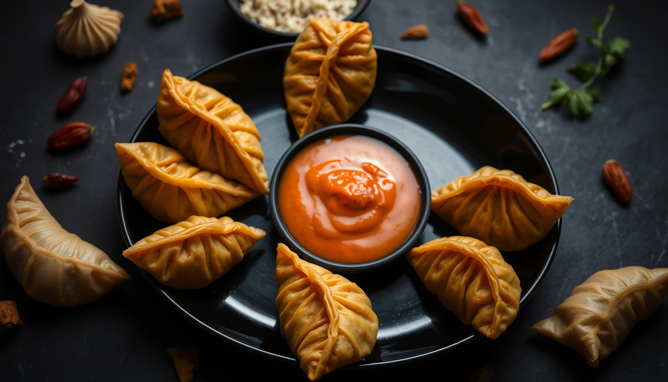 Main art studio: Veg Tandoori Momos long shaped (Cresent moon) with dark backgrounds and black crockery and orange momos chutney in the centre. it should be from the t