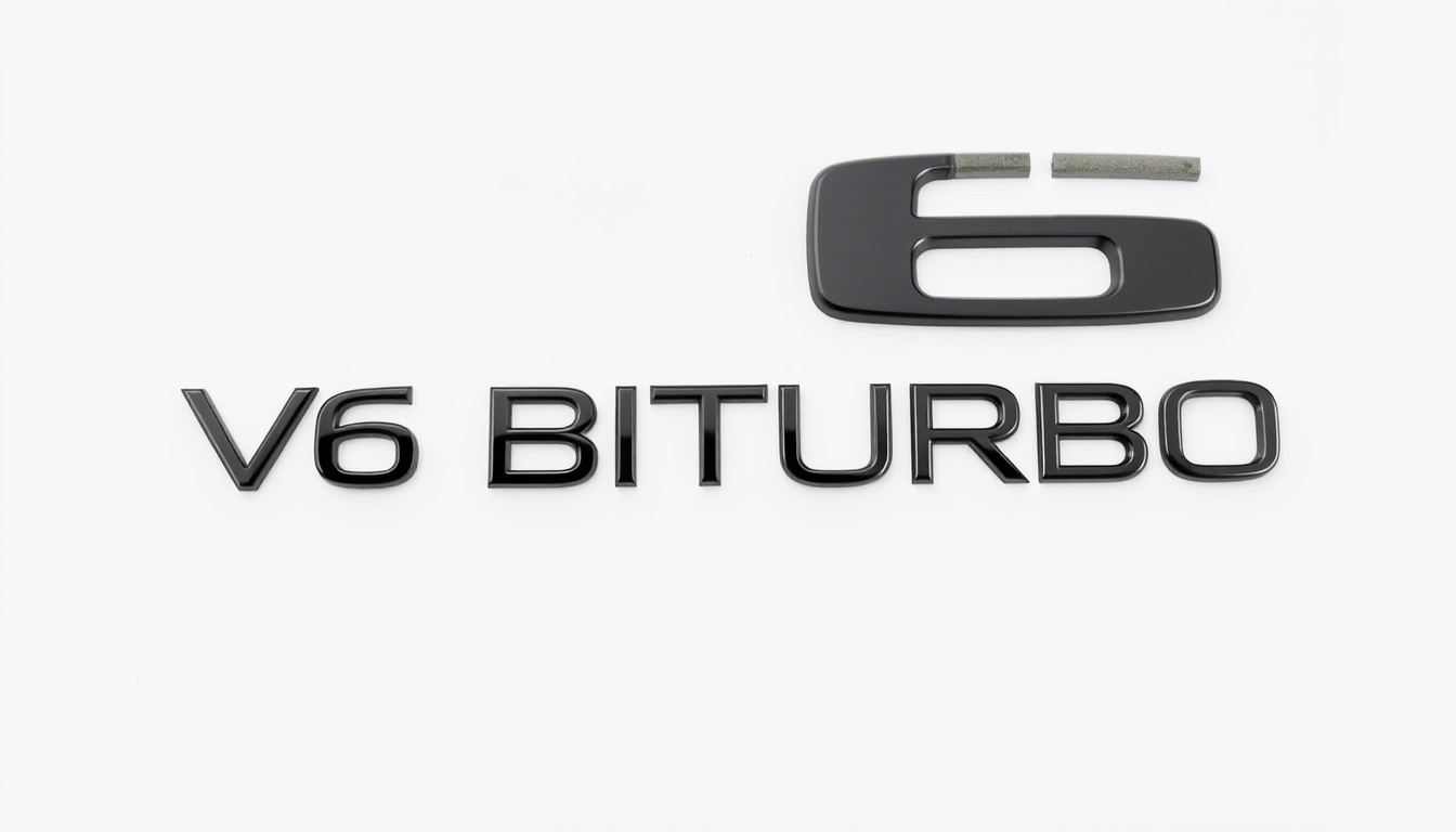Main art studio: OEM-style automotive fender badge reading "V6 BITURBO". V6 is twice the height of BITURBO, both on the same horizontal line and vertically centered. V