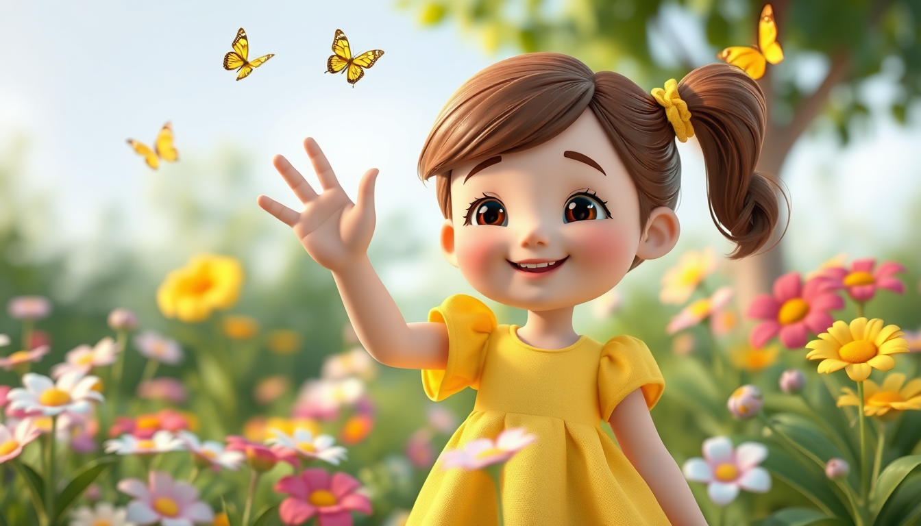 Main art studio: The little girl happily waves her hand at the camera. Her hair and yellow dress gently move in the soft breeze. Small butterflies fly slowly around he