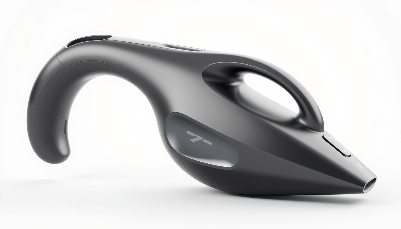Main art studio: Original handheld cordless car vacuum cleaner, futuristic asymmetric design, open cantilever curved handle, NOT a closed loop, compact rounded body, s