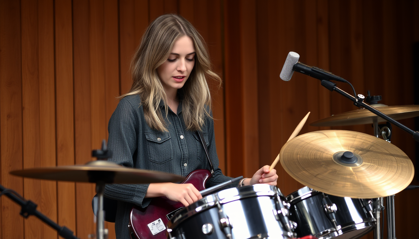 Main art studio: Junge Frau, 22 Jahre, mittellange braune Haare zu einem Zopf, sitzt am Schlagzeug und spielt ein Drumsolo. Schlagzeug siehe Bildreferenz.