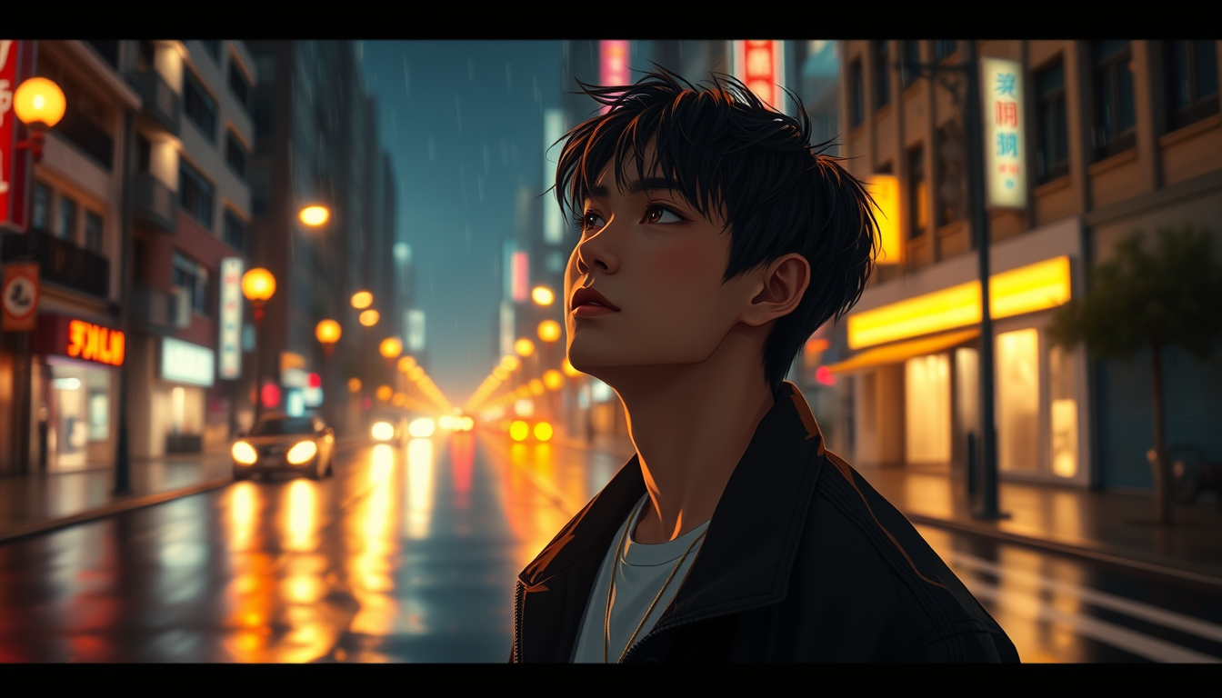AI Art prompt example created from the prompt: Use the male reference character exactly as shown. Preserve his face, facial features, black slightly messy hair, amber eyes, black jacket a