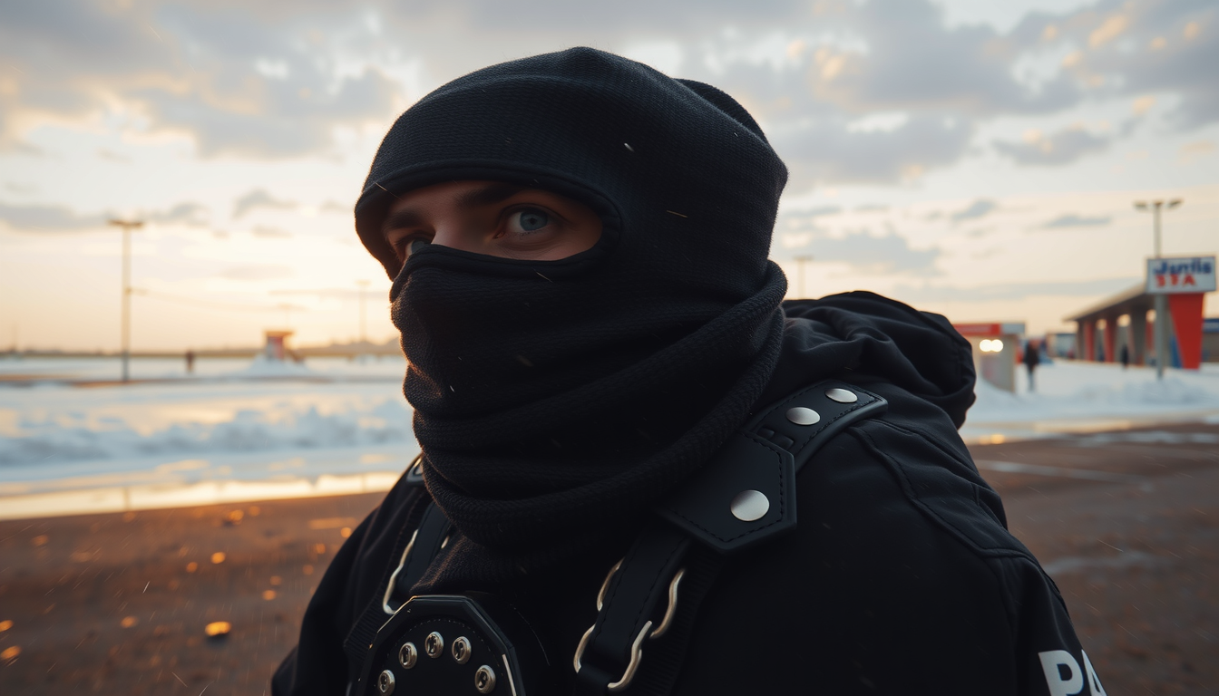 Main art studio: A mysterious masked French rapper slowly walking toward the camera in a wet gas station at night, realistic handheld camera, subtle head movement, cin