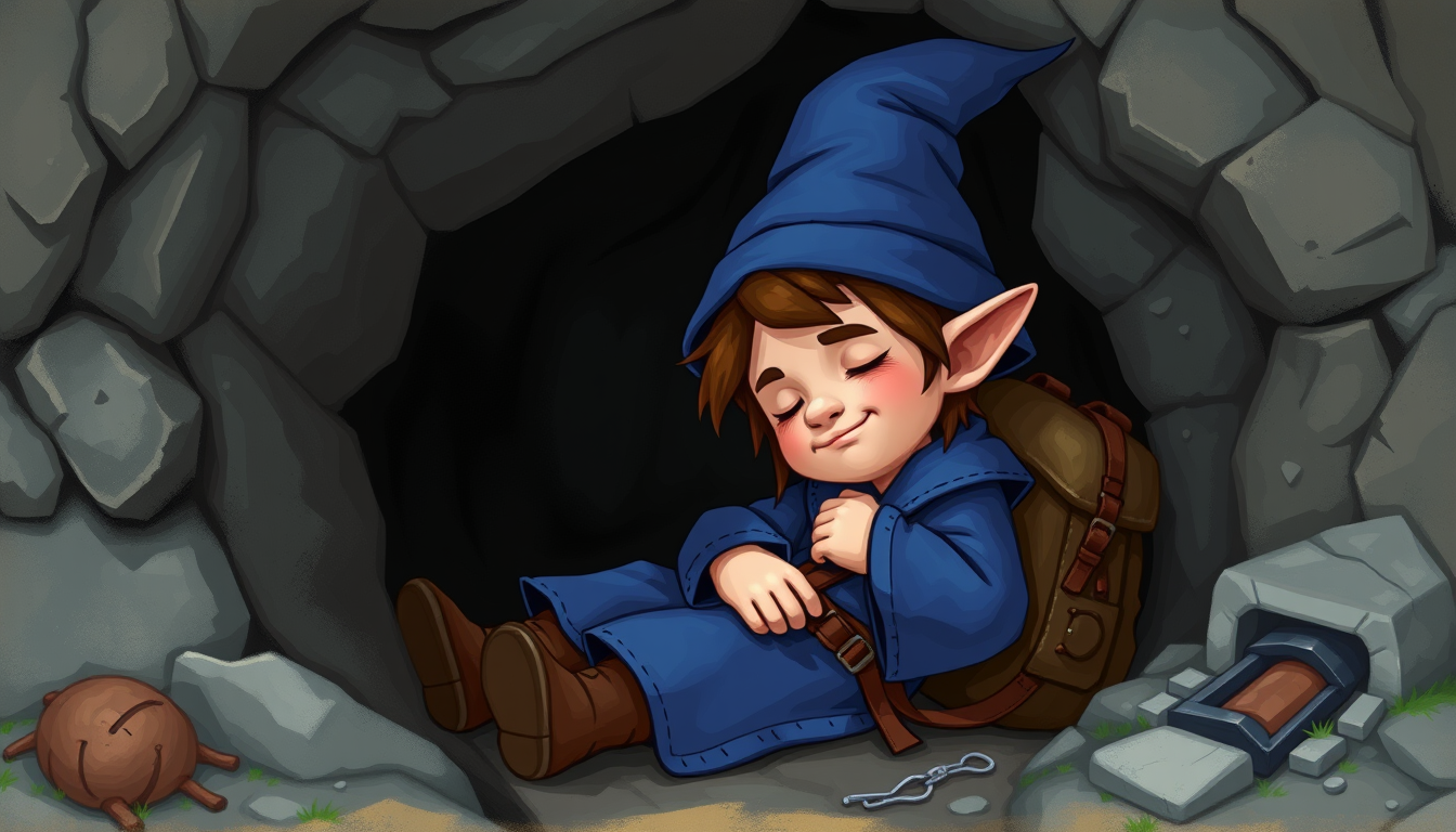 Main art studio: create a picture of a halfling wizard without pointy ears, and brown hair, dressed in blue robes and blue hat sleeping near the opening to a cave with