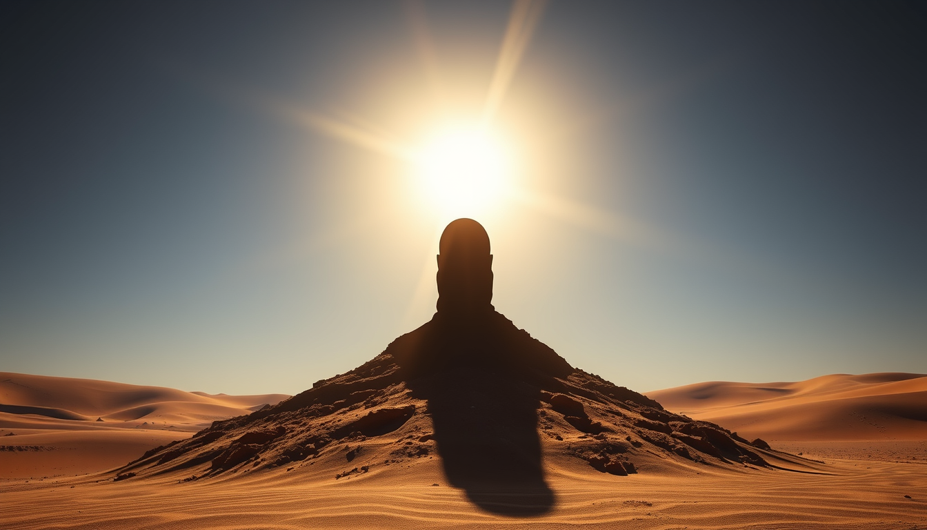 Main art studio: A symbolic silhouette of Prophet Adam (A.S.) formed from earth, face completely hidden, divine light from above, respectful composition, no facial fea