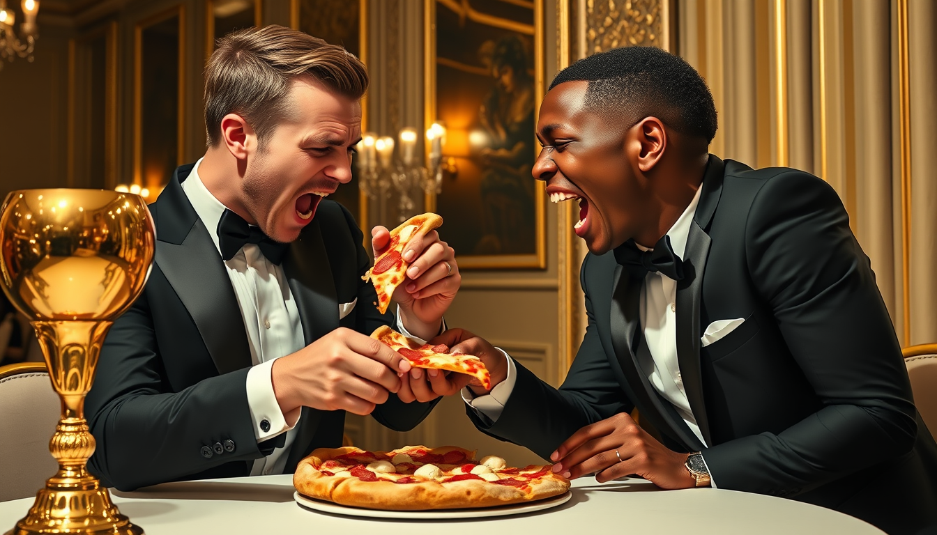 Main art studio: Erling Haaland and Kylian Mbappe in tuxedos aggressively fighting over the last slice of pizza at a formal gala. A golden trophy sits ignored on a tab
