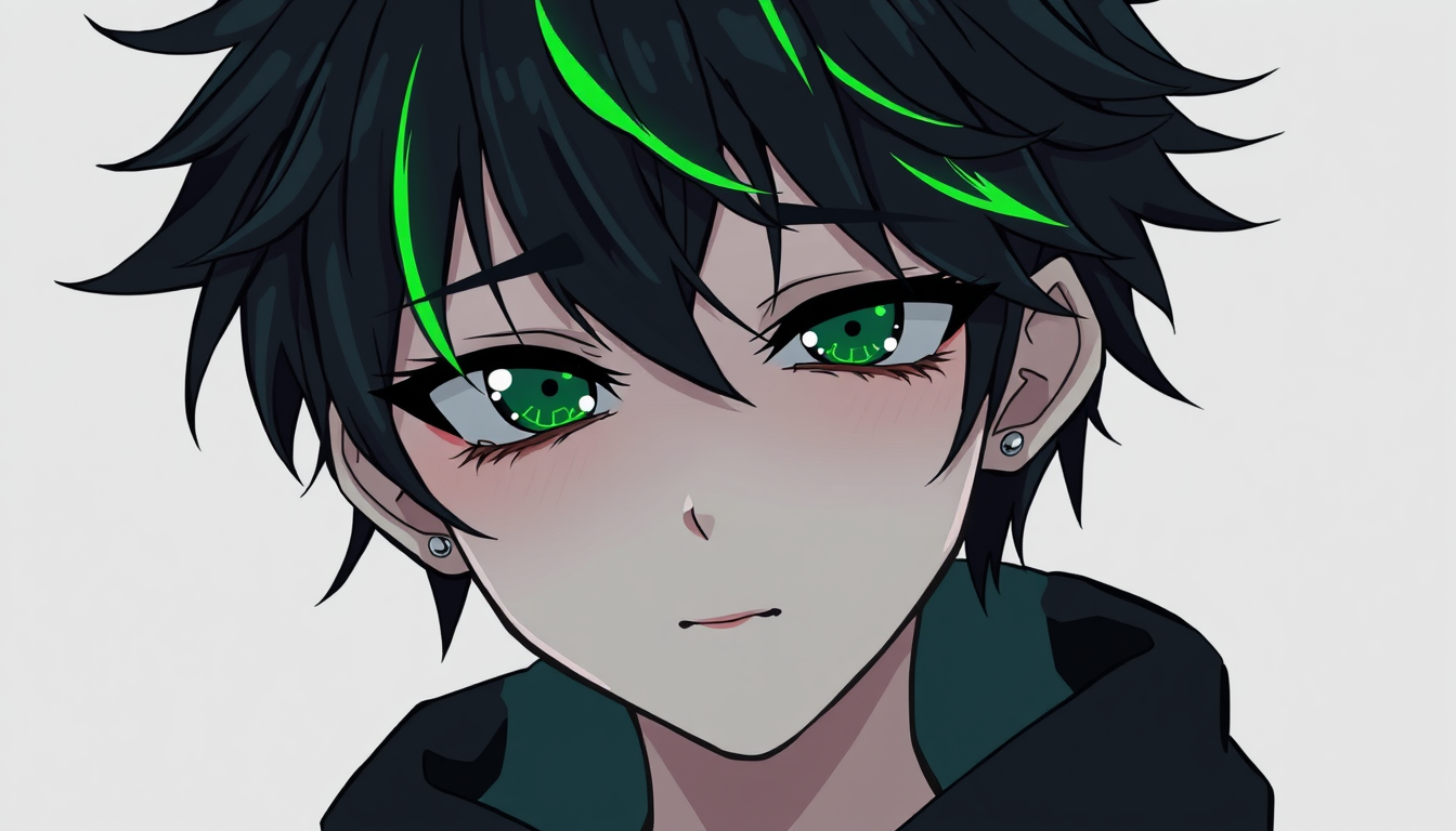 Anime idea: anime style, vibrant colors, expressive eyes, Androgynous emo femboy anime character, messy jet-black hair with vivid neon green streaks, pale skin, h