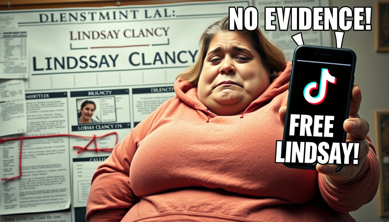 Main art studio: Satirical meme of a very overweight adult woman obsessed with true crime and TikTok conspiracies. She looks sleep-deprived, unhinged and overly confid