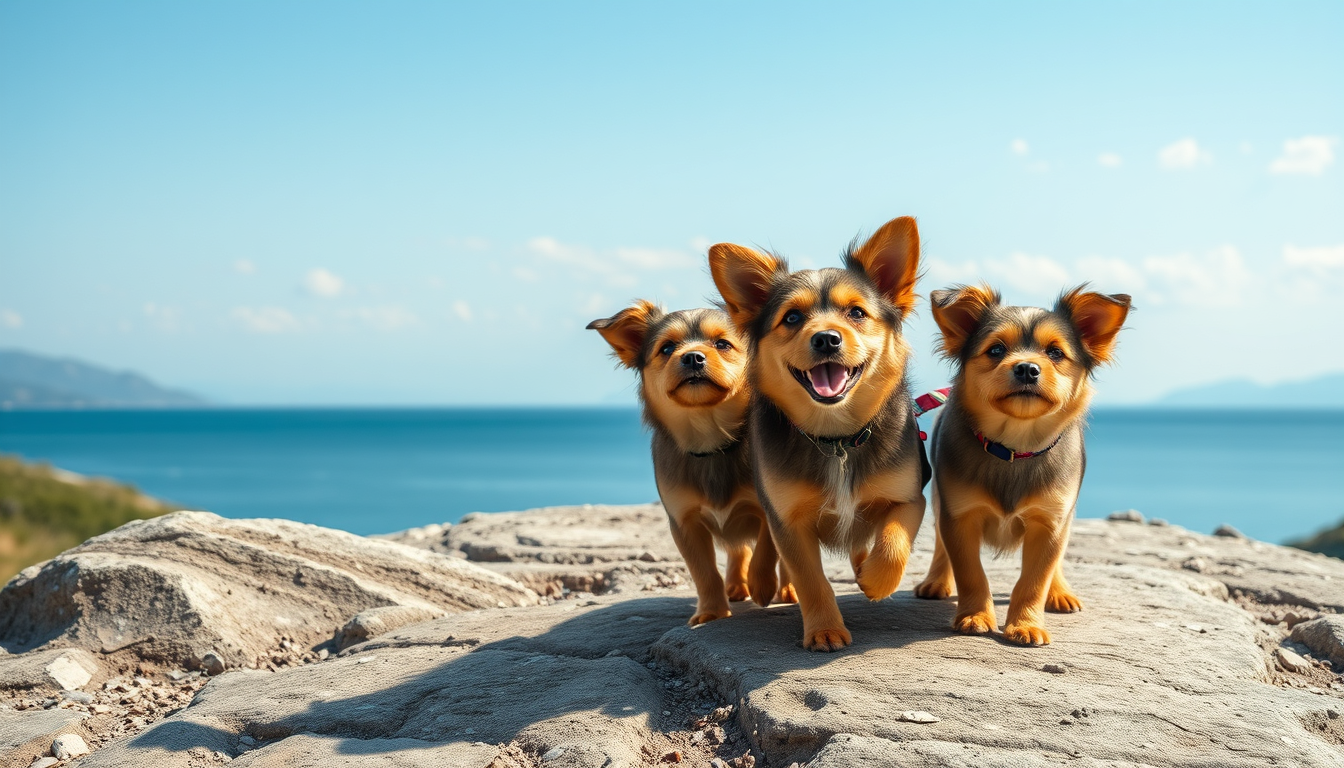 Main art studio: des tous petit chiens bergar ameriquaint qui sont tres tres content qui saut partout