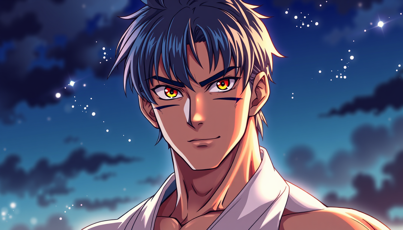 Anime idea: anime style, vibrant colors, expressive eyes, choso kamo, anime accuracy, muscular, handsome, handsome body, muscular body, hair down, medium hair, ja