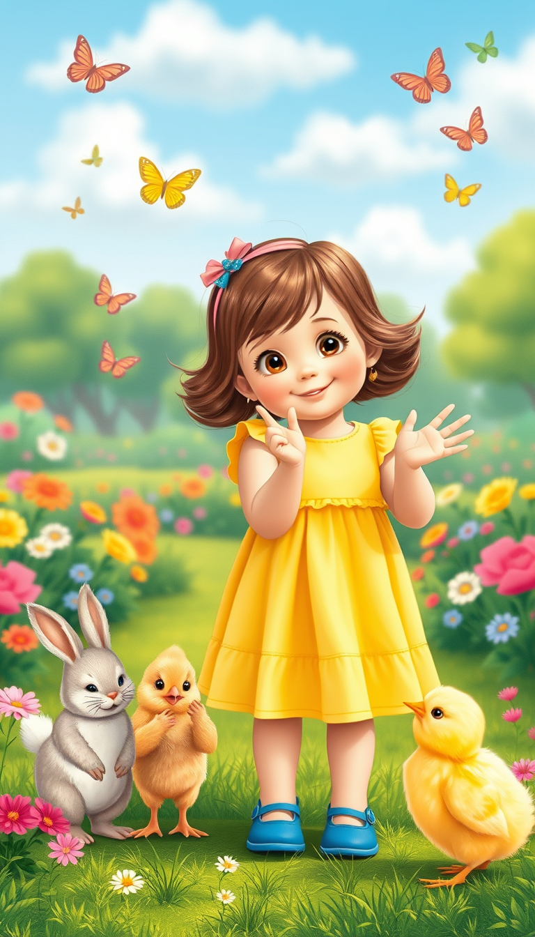 Main art studio: A cute little girl with brown hair in a yellow dress and blue shoe stands in a colorful park, smiling at the camera. She is surrounded by flowers, but
