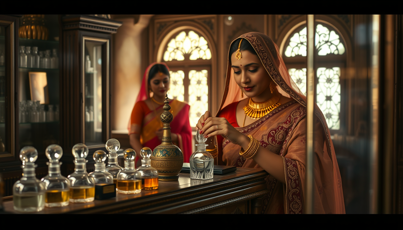 Main art studio: Inside an old traditional perfume shop in historical Rajasthan, small glass perfume bottles arranged on a wooden counter, Princess Ratnavati examining