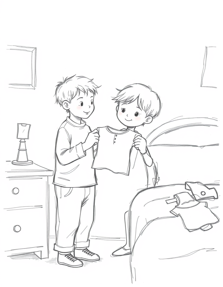 Main art studio: A simple black-and-white pencil sketch, like a child casually drew it. A little boy stands beside his mother in a cozy bedroom. The mother gently hold