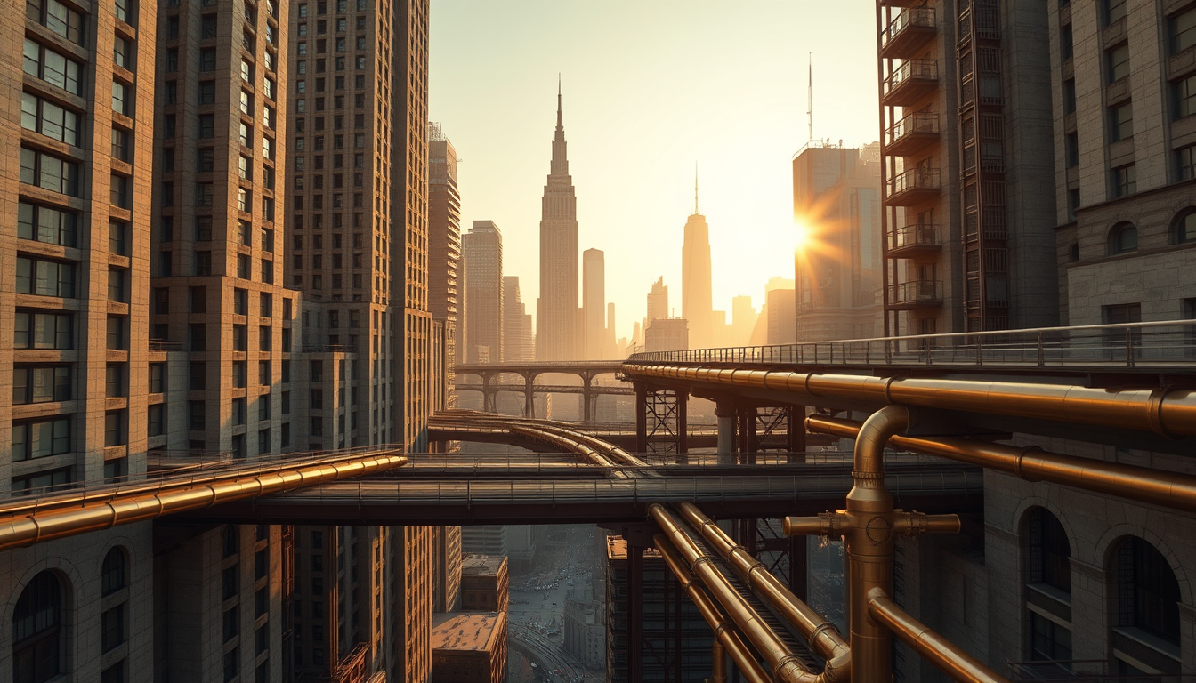 Main art studio: Wide cinematic establishing shot of the Omnis Overcity at golden hour, dense towering stone-and-steel high-rise blocks rising in ordered vertical laye