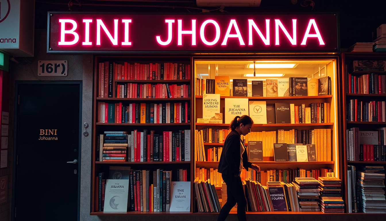 Main art studio: make a poster like its human made and not AI made. our friemd jhoanna is opening a book shop a small one. the name is BINI JHOANNA -Books and Ideas NI