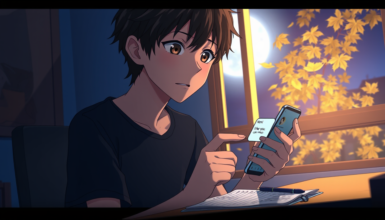 Main art studio: Create Scene 3 of the original cinematic Japanese anime romance movie October Theory. At night, Haruki Tanaka, a 17-year-old Japanese high school boy 