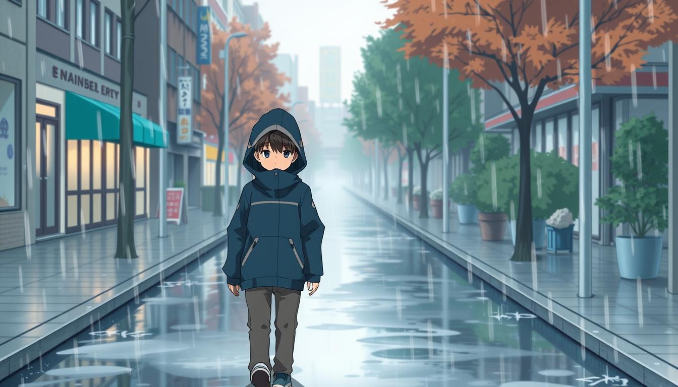 Main art studio: A boy walks down the street in a hooded jacket; it is raining, and his facial features are not visible.anime style