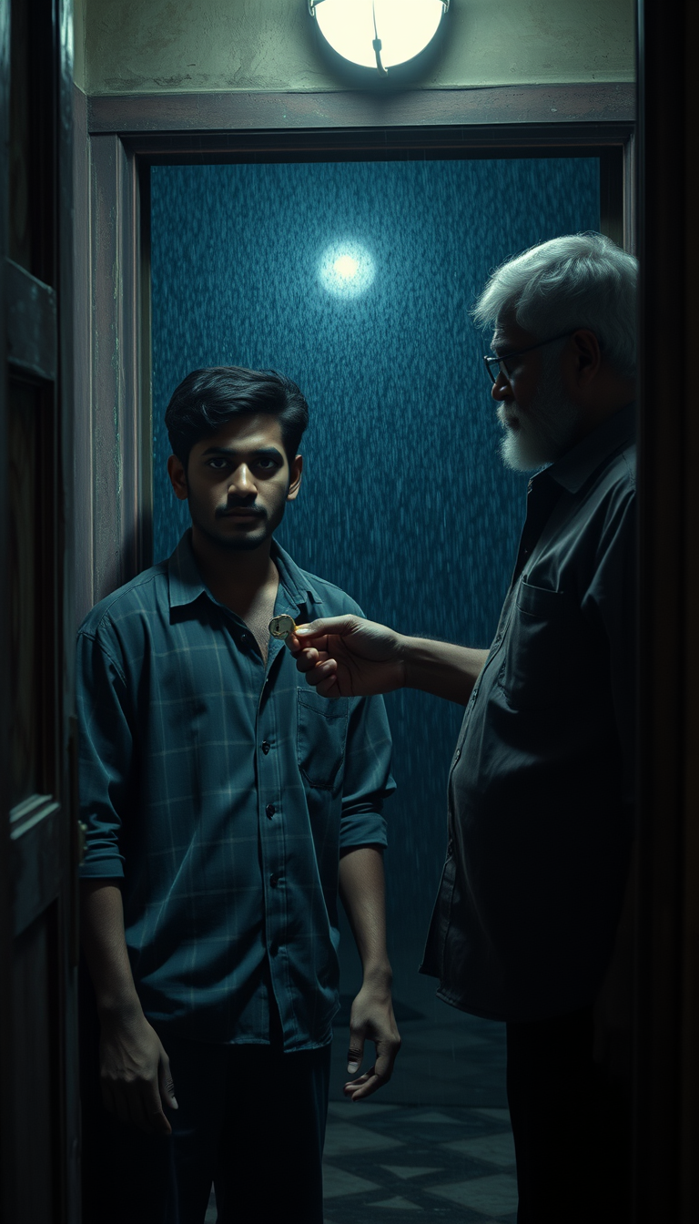 Main art studio: The same 23-year-old Sri Lankan man Kavindu from the reference image, standing inside an old dimly lit Sri Lankan boarding house at night, an older Sr