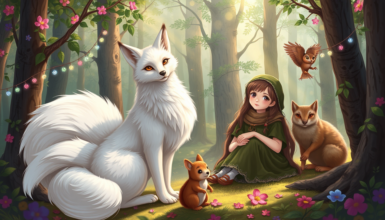 Main art studio: 2 girls (human) 1 white fox with 6 tails, 1 squirrel, 1 owl in a magical forest, colorful