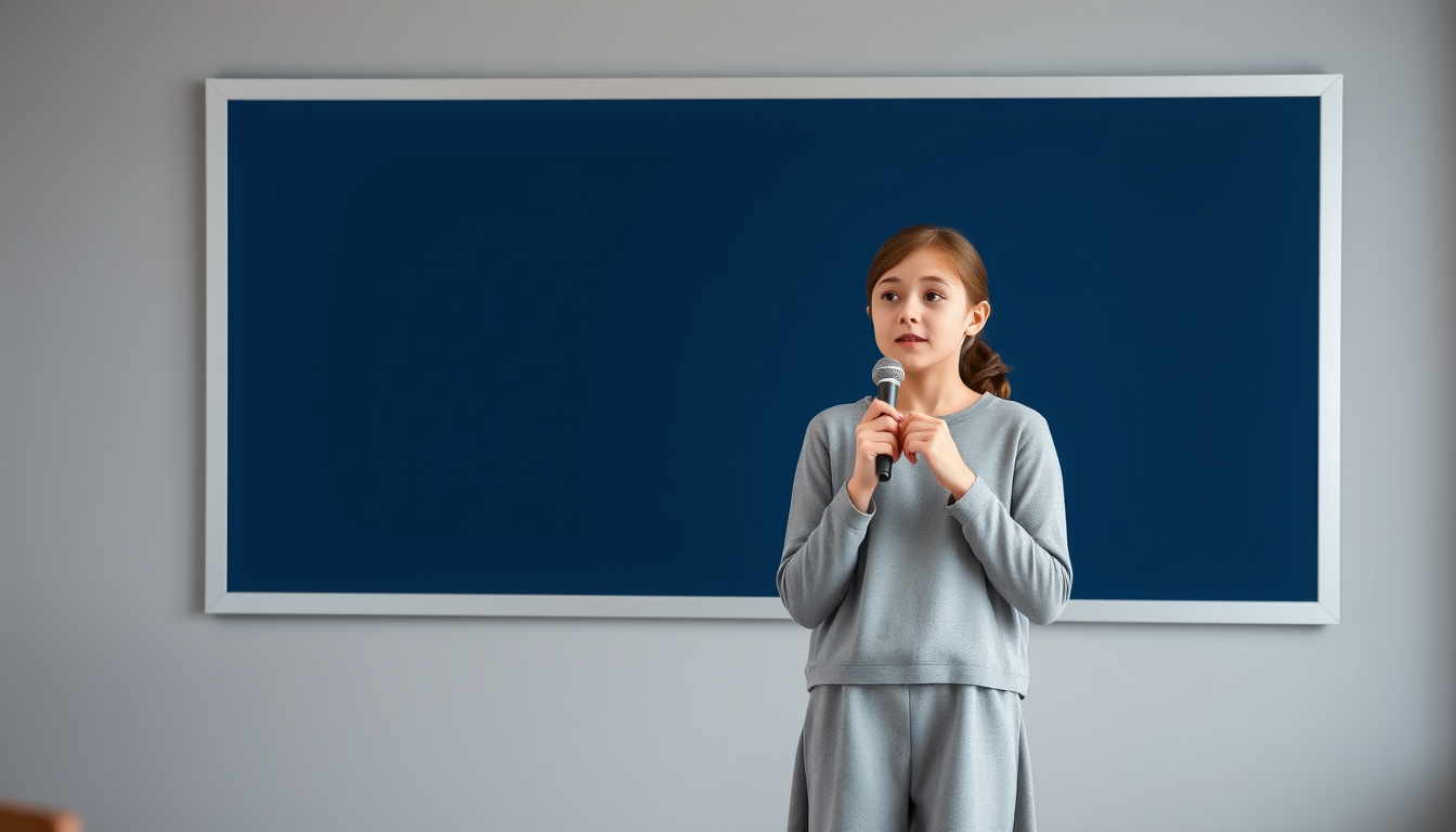 Main art studio: 16:9 horizontal rectangular slide, navy blue, gray and white theme. A realistic teenage girl standing in front of a mirror, practicing a speech and sp
