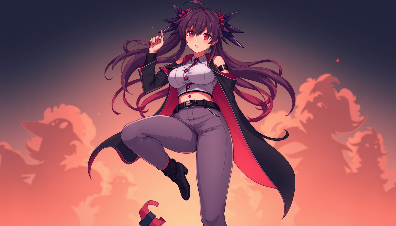 Characters idea: an original character defined by silhouette, role, outfit, palette, and expression, deliberate composition, A futanari with a bulge in her pants , pol