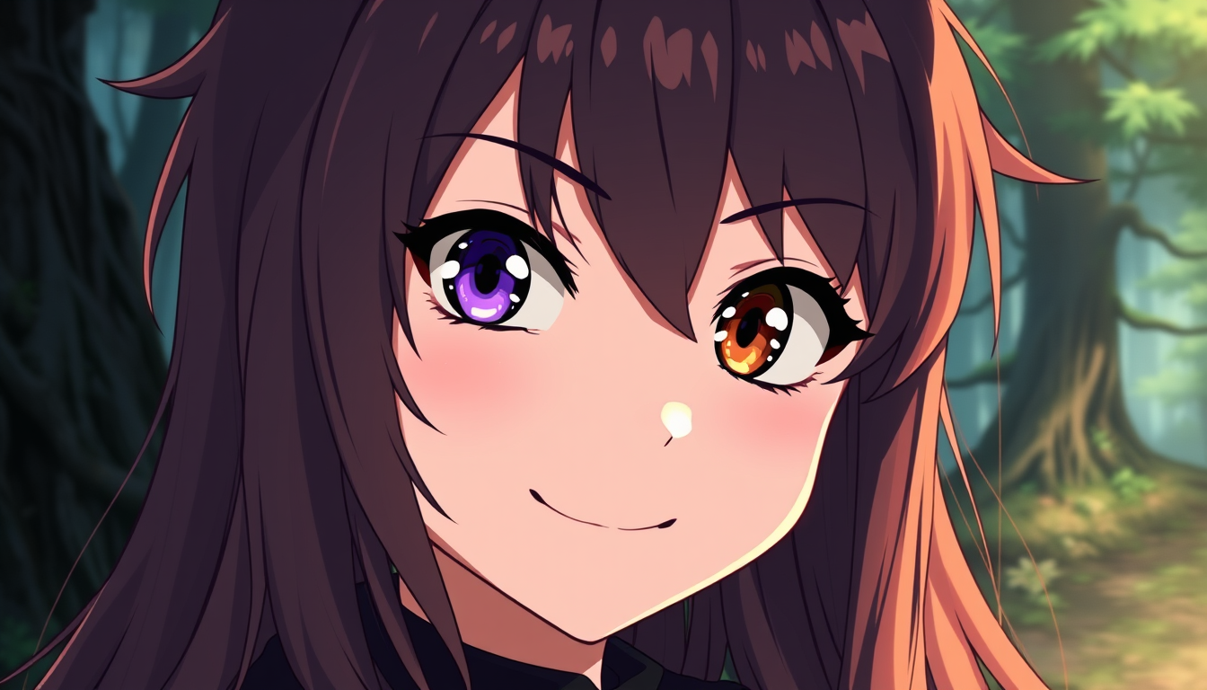 Anime idea: anime style, vibrant colors, expressive eyes, Semi-realistic anime illustration of a girl with long, dark dirty-blonde hair and a purple right eye. He