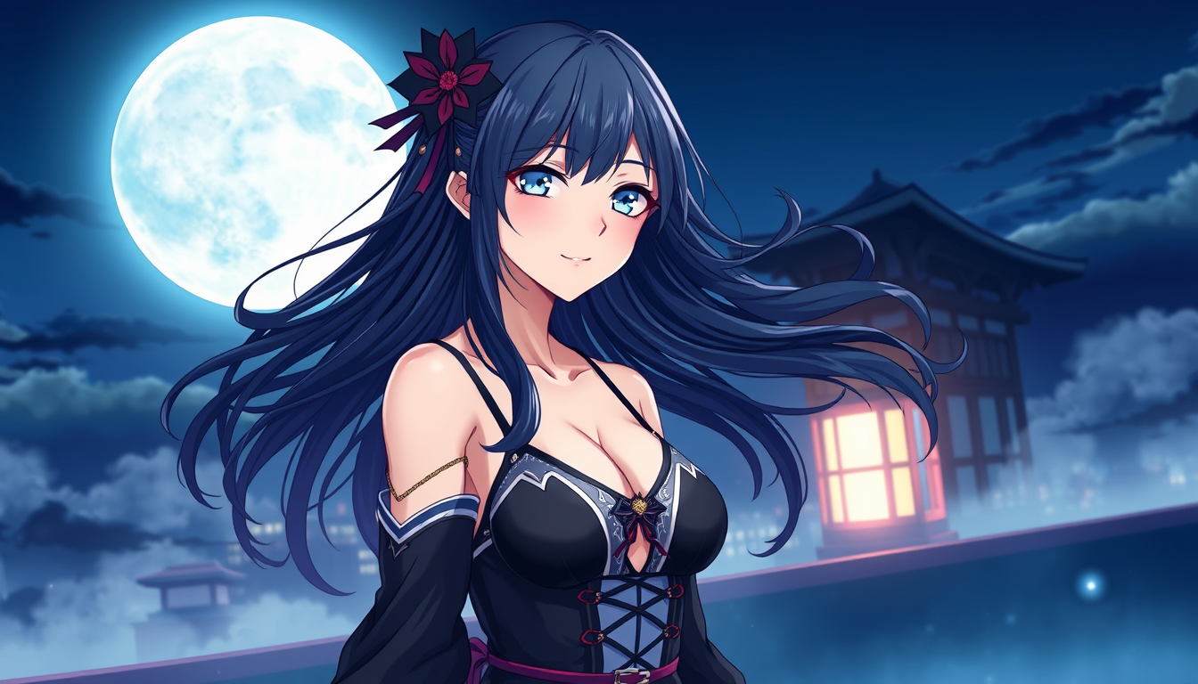 Anime idea: anime style, vibrant colors, expressive eyes, Adult anime kunoichi goddess inspired by Hinata Hyuga, standing beneath a huge full moon on a Japanese r