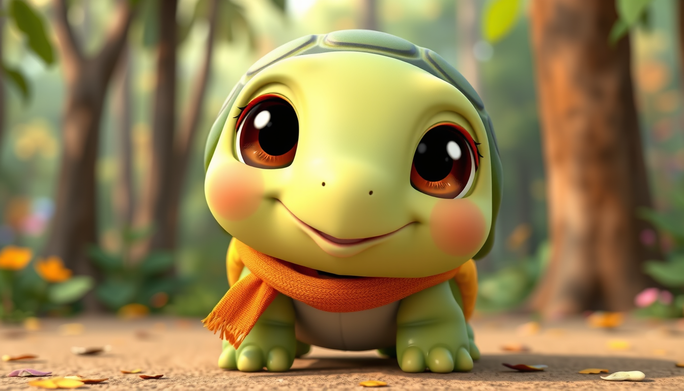 Main art studio: Cute baby turtle, round green shell, light-green skin, huge expressive brown eyes, tiny feet, smiling face, wearing a small orange scarf. Adorable pol
