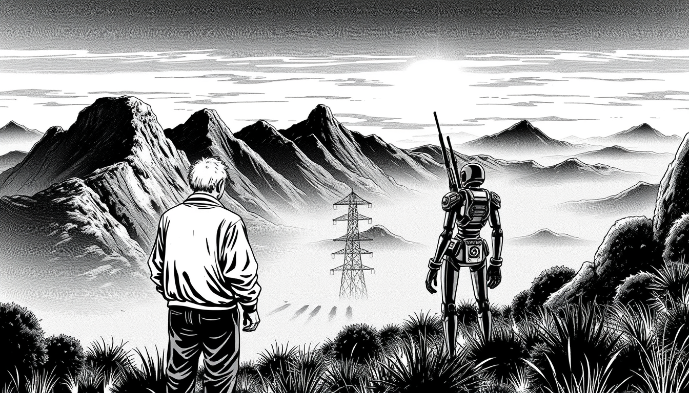 Manga idea created from the prompt: manga panel, black-and-white ink, screentone shading, expressive line weight, blame dystopia, one eldery man and one humanoid android togeth