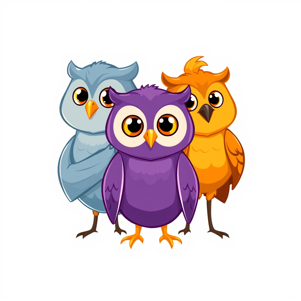 Main art studio: Create a cute modern 2D mascot logo featuring three distinct owl characters standing together. All three face the viewer with fully open, lively eyes.