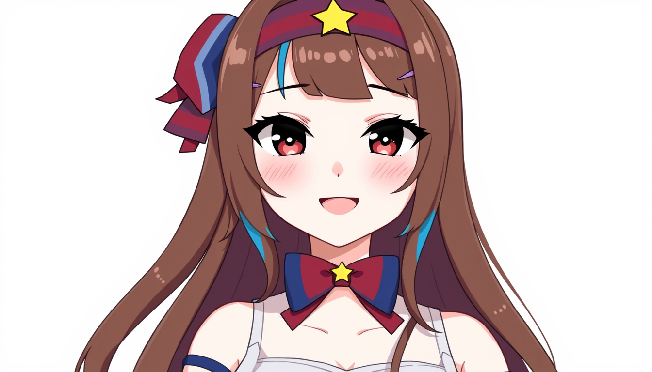 VTuber idea created from the prompt: vtuber avatar character, anime style, expressive face, streaming-ready design, long brown hair with red tiped bangs and blue tiped hair edge
