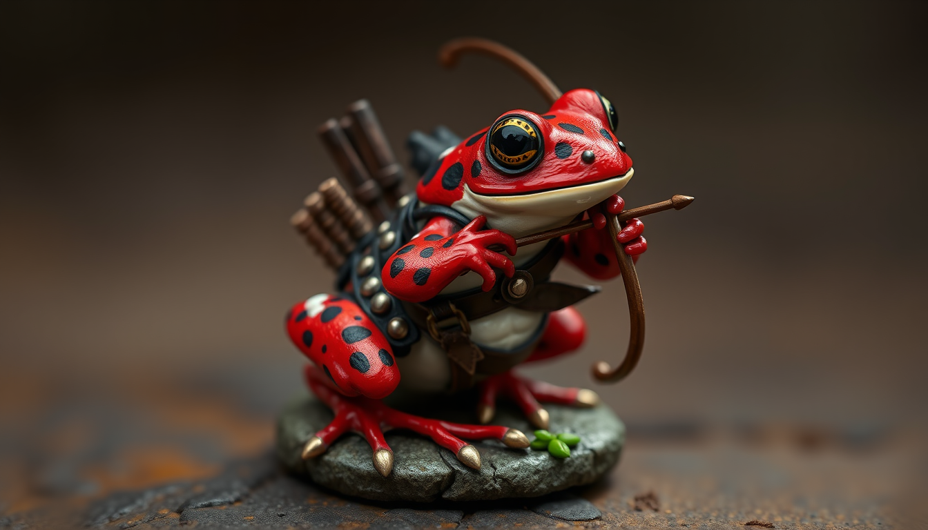 Main art studio: Create an art token for a D&D character that is a red, black, and white poison dart frog wearing studded leather and carrying a short bow.