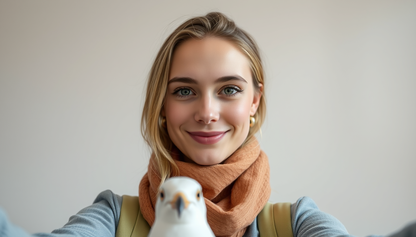 Selfie idea: reference-guided selfie-style portrait, natural face and expression, coherent wardrobe and background, A seagull takibg a foto , flattering realistic 