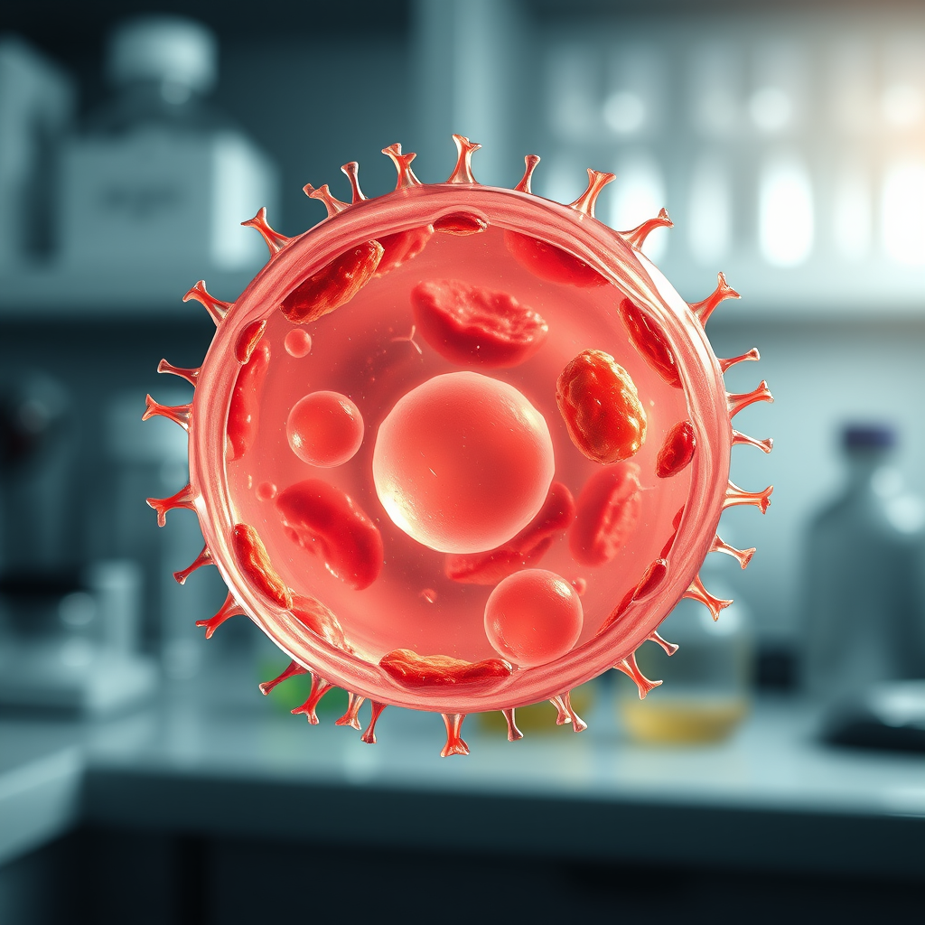 Main art studio: Beautiful clean photorealistic close-up of a single realistic stem cell in a professional biomedical laboratory environment. The stem cell is the clea