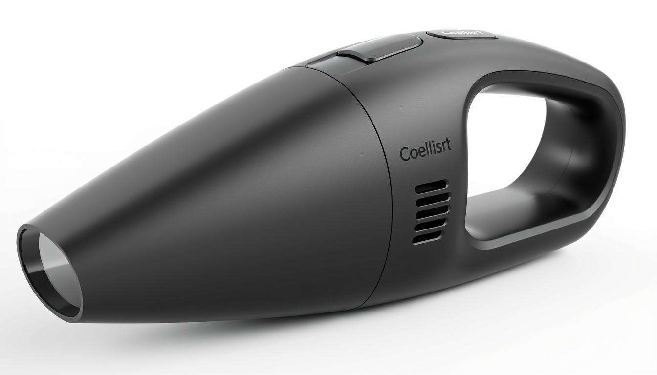 Main art studio: Premium handheld cordless car vacuum cleaner, original industrial design, compact ergonomic body, elegant open curved grip, refined matte black and da