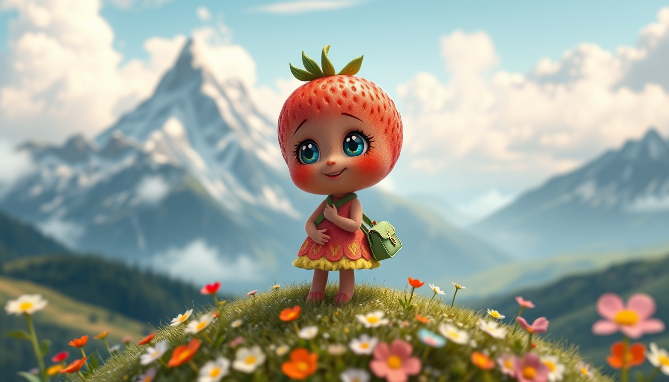 Main art studio: Une adorable petite fraise anthropomorphe, très mignonne et expressive, avec de grands yeux brillants et un doux sourire, debout sur une colline fleur